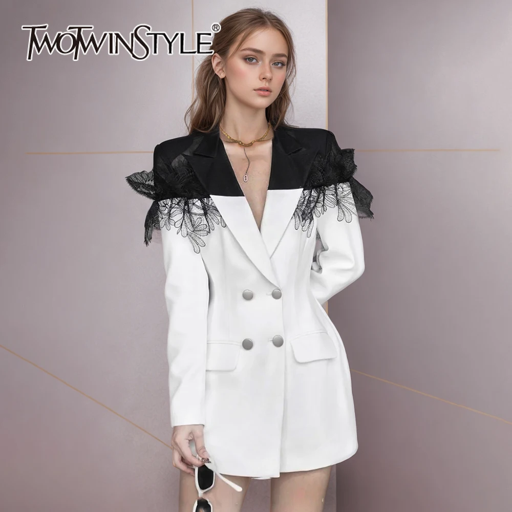 TWOTWINSTYLE Colorblock Designer Blazer For Women Notched Collar Long Sleeve Patchwork Buttons Slimming Blazers Female Fashion
