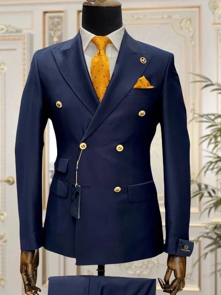 

Navy Blue Peak Lapel Men Suits Costume Homme Double Breasted Prom Wedding Tuxedo Groom Terno Masculino Slim Fit Blazer 2 Pieces