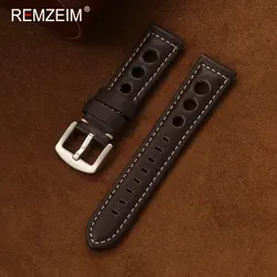 Men's Vintage Perforated Genuine Leather Watch Band - Breathable Replacement Strap - 22mm (Dark Brown)