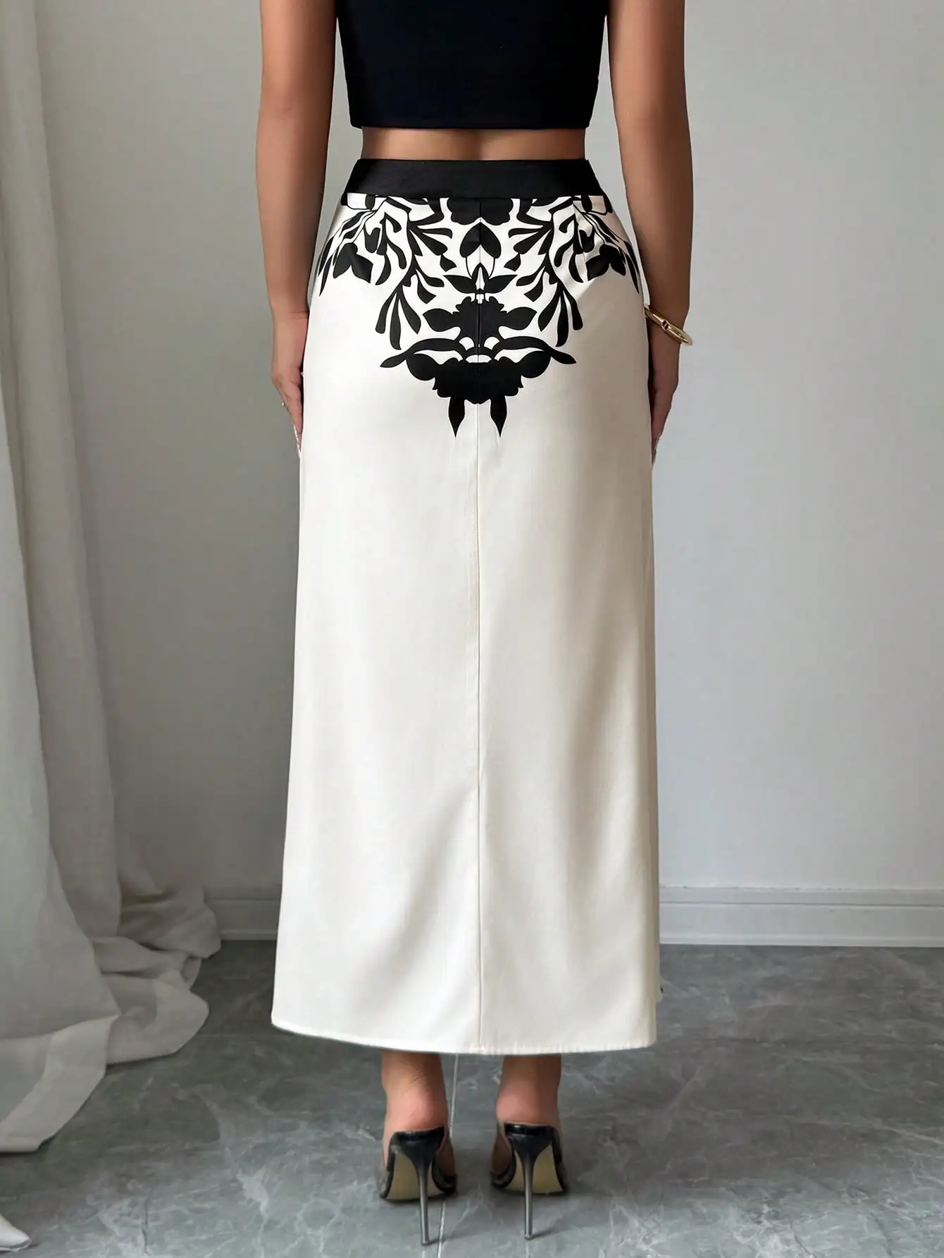 Women's Black Floral Print Midi Skirt 2026 Ruched High Slit Casual Summer Skirt 4