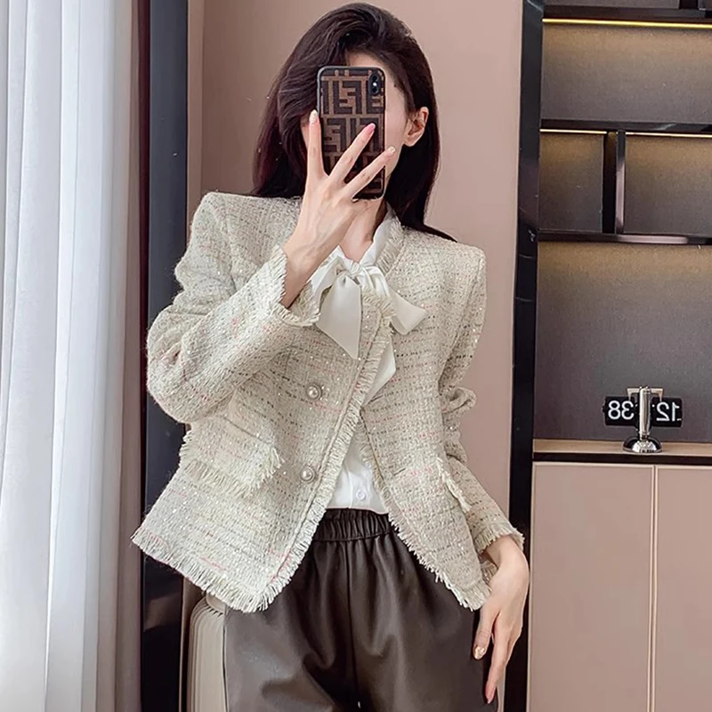 

Elegant Short Tweed Jacket For Women Autumn Korean Fashion O-Neck Long Sleeve Casual Tassel Wool Blends Outerwear Femme