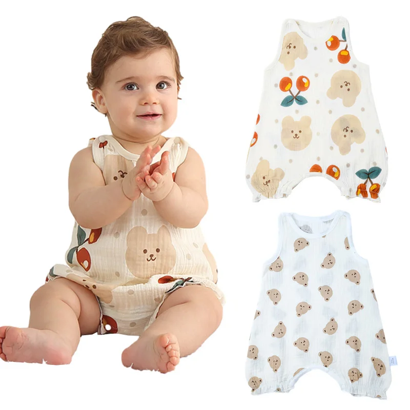 

Baby Girl Clothes Summer Sleeveless Jumpsuit Boys Cartoon Bear Cherry Print Newborn Romper Breathable One-Pieces Vest Jumpsuits
