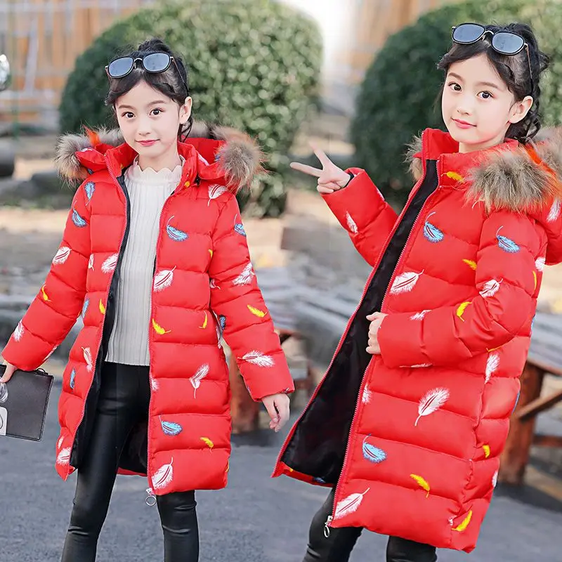 

Girls Fashion New Cotton Clothes Winter Print Hooded Down Jacket Teenager Mid-length Thickened Warm Big Fur Collar Parka 4-12 Y