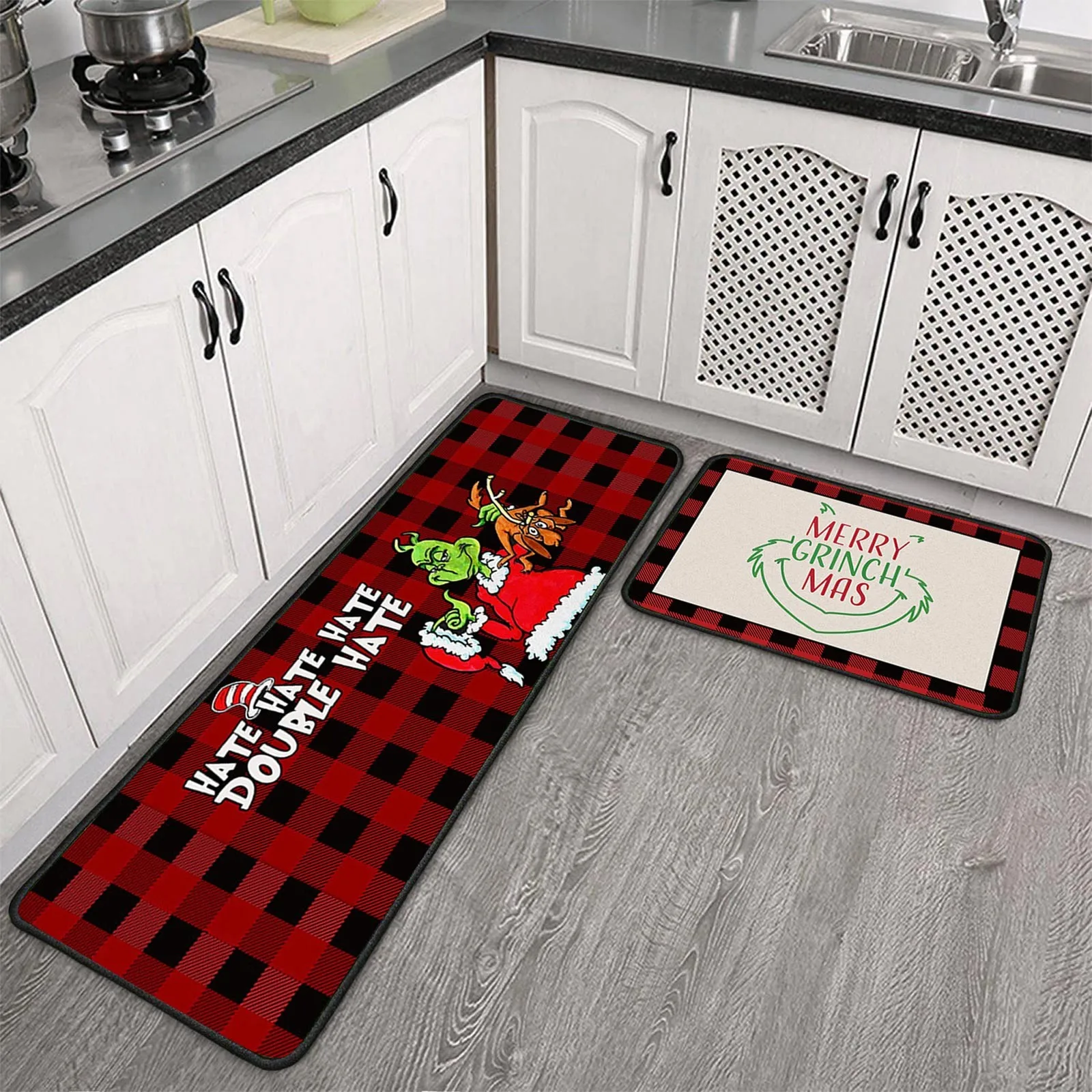 2PCS Genie Grinch Cartoon Door Mat Kitchen Mat Bedroom Living Room Carpet Floor Halloween Christmas Decor halloween floor mat,christmas door mat