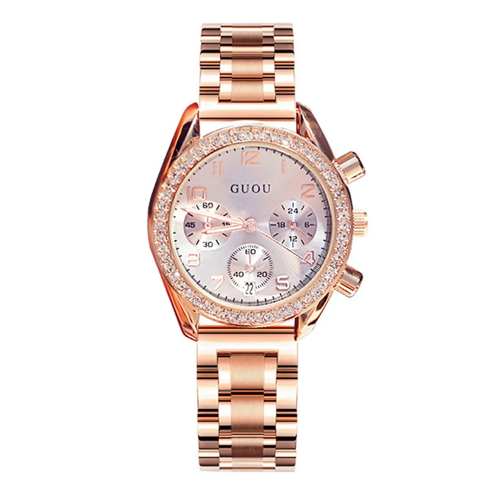 

Fashion Guou Brand Lady Luxury 3 eye six pin Gold Stainless Steel Multifunction watch Damen quartz Rhinestone Quartz Wristwatch