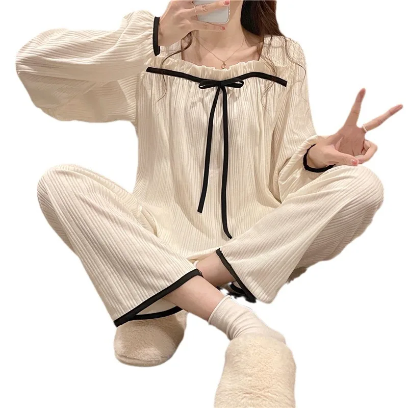 Women's Spring and Autumn Pajamas Set Women's Long-Sleeved Long Trousers Pajamas Homewear Sweet Leisure Homewear Loose Set 5