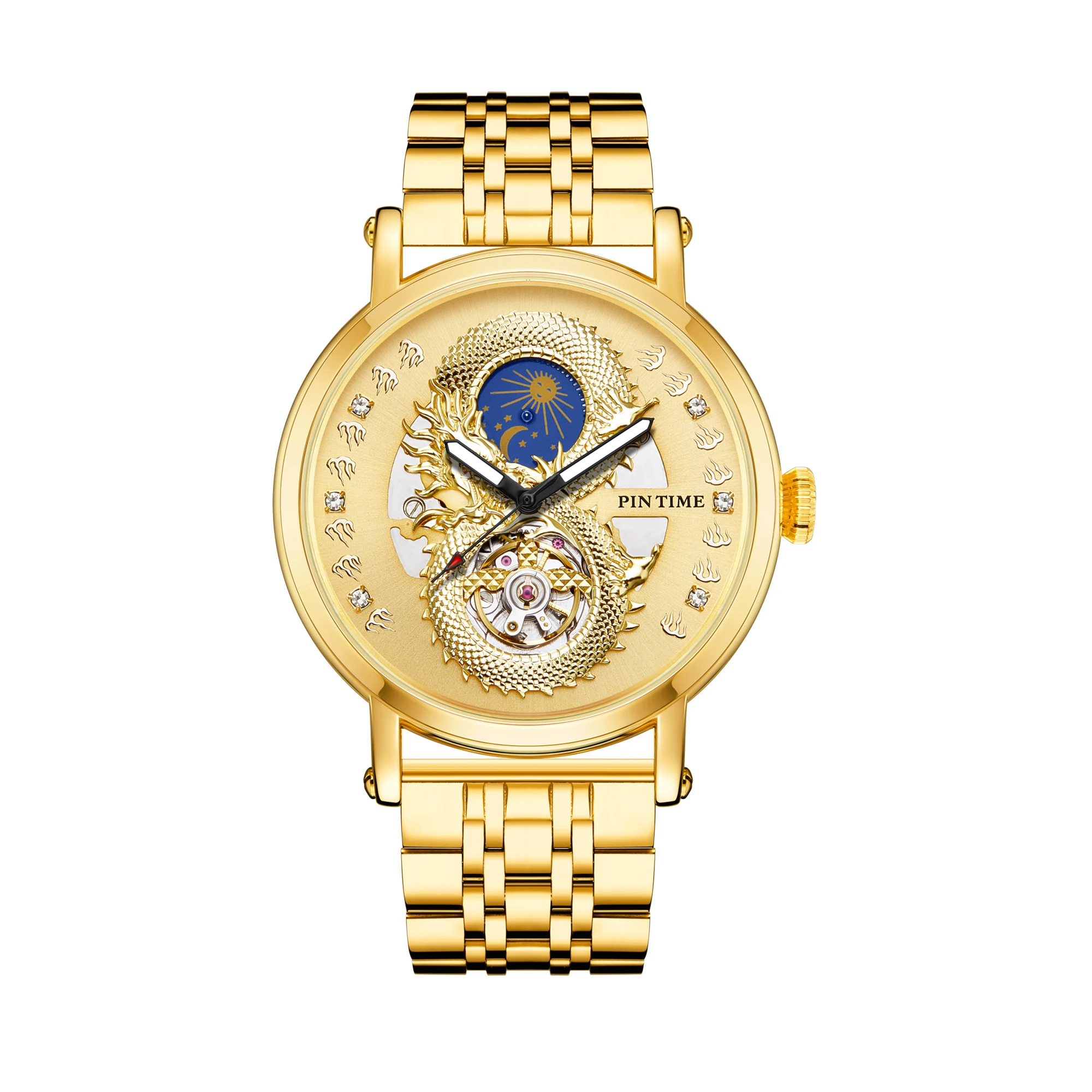 

PINTIME Watch for Men Automatic Mechanical Wrist Watches Stainless Steel Strap 3D Dragon Emboss Luxury Business Wristwatch Reloj
