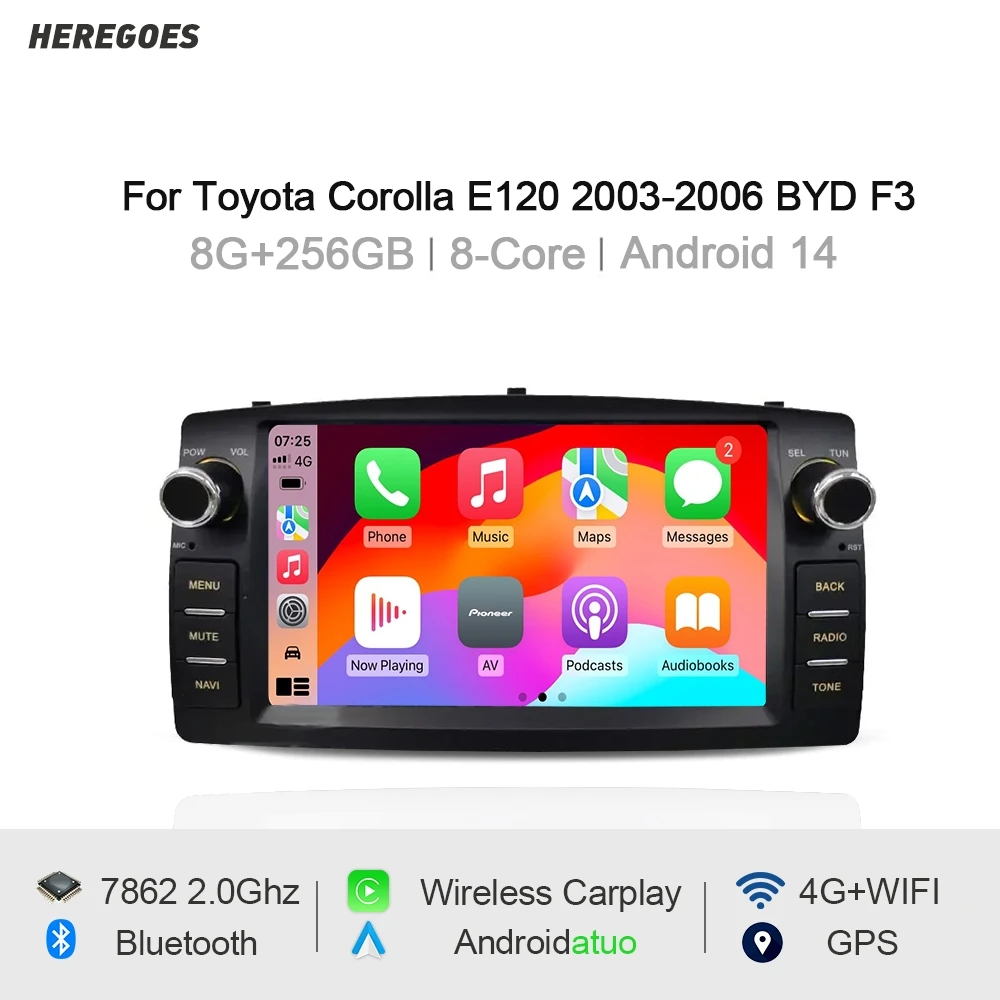 Carplay Multimedia Player Android 14 Auto Radio GPS 8G 256GB Navigation Stereo Bluetooth Für Toyota Corolla E120 2003-2006 BYD F3