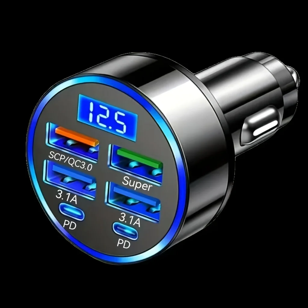 Caricabatterie Auto 6-in-1 66W, 4 Porte USB + 2 Porte Type-C, Doppio PD3.0, Caricatore Portatile Sicuro per Telefono