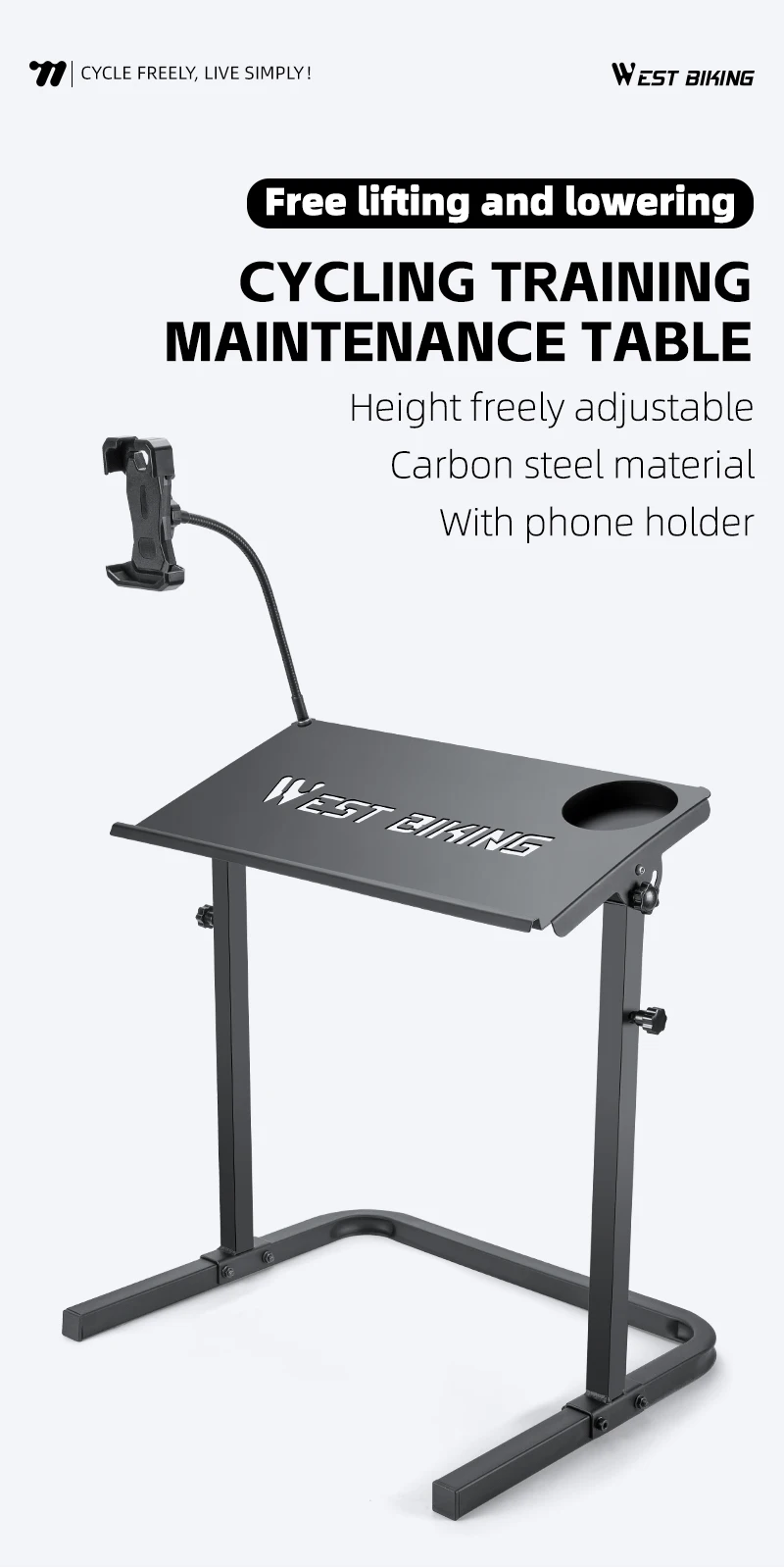 WEST BIKING Indoor-Fahrradschreibtisch, höhenverstellbar, Fahrrad-Schreibtisch, Laptop-Ständer, rutschfeste Oberfläche – tragbarer Fahrradtrainer, Fitness-Schreibtisch – Detail 1
