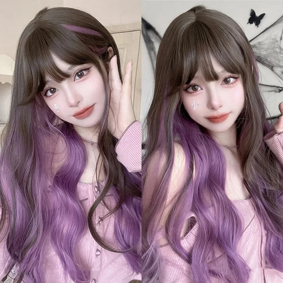 OLACARE Synthetic Brown Black Long Water Wave Hair Lolita Wigs With Bangs Synthetic Wig For Women Fashion Thick Curls Wigs Girl