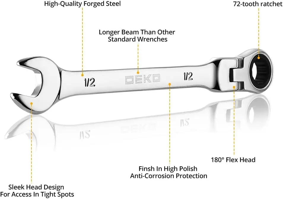 DEKO 13-piece Flex-Head Ratcheting Combination Wrench Set 5/16"-1" SAE 72-Tooth Cr-V Ratche Wrenches with Roll-up Pouch