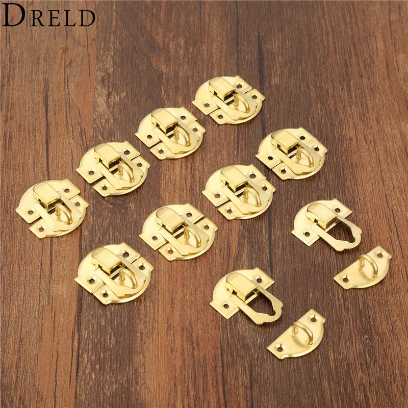 DRELD 10pcs Gold Box Latches Hasps Lock Catch Latches Furniture Fittings Jewelry Chest Box Suitcase Buckle Clip Clasp 27*29mm