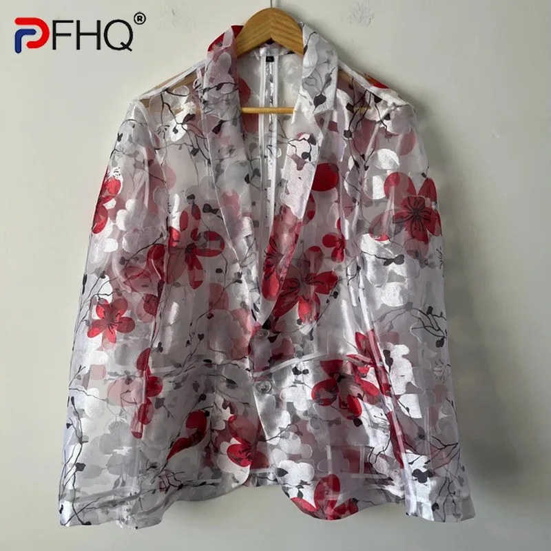 

PFHQ Autumn Printed Jacquard Brushed Perspective Blazers Organza Men's Designer Personalized Trendy Casual Flowers Coat 21Z1975