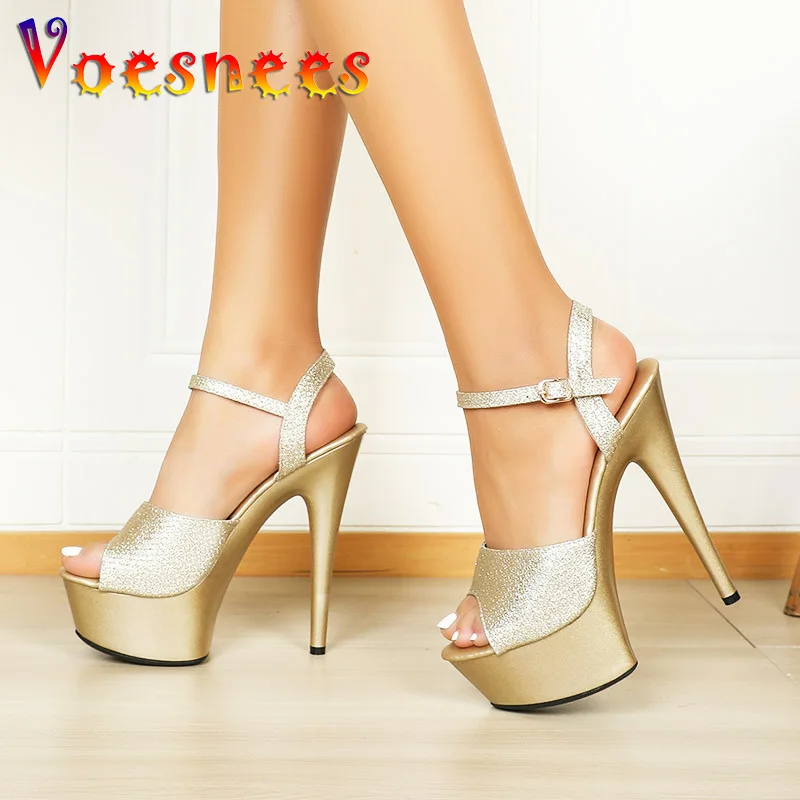 

2023 New Gold High Heels Pumps Summer Platform Women's Shoes 15CM Party Stilettos Plus Size 34-43 Ankle Buckle Wedding Sandals
