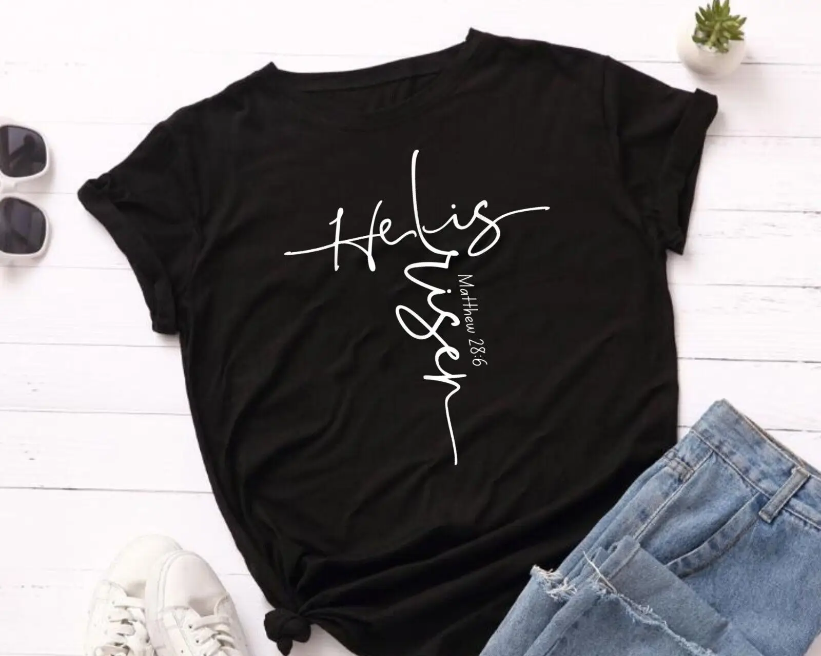 He Is Risen Shirt Christian Easter Cross Women Mem Mom Gift T-Shirt Unisex Maniche Lunghe