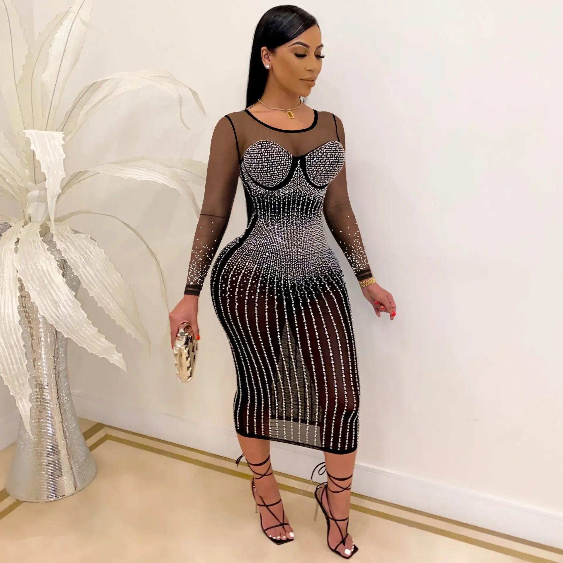 Robe Midi Femme Manches Longues Rayures - Maille Extensible Transparente, Style Bodycon Clubwear, Taille L