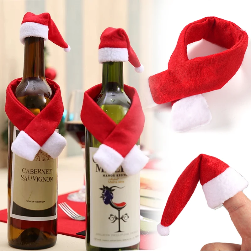 Creative Christmas Wine Bottle Covers Scarf Hat Decoration Champagne Bottles Xmas New Year Dinner Home Kitchen Table Scene Props wine bottle decoration soft plush bottle toppers christmas dining table decoration wine cover new year party decor accessories