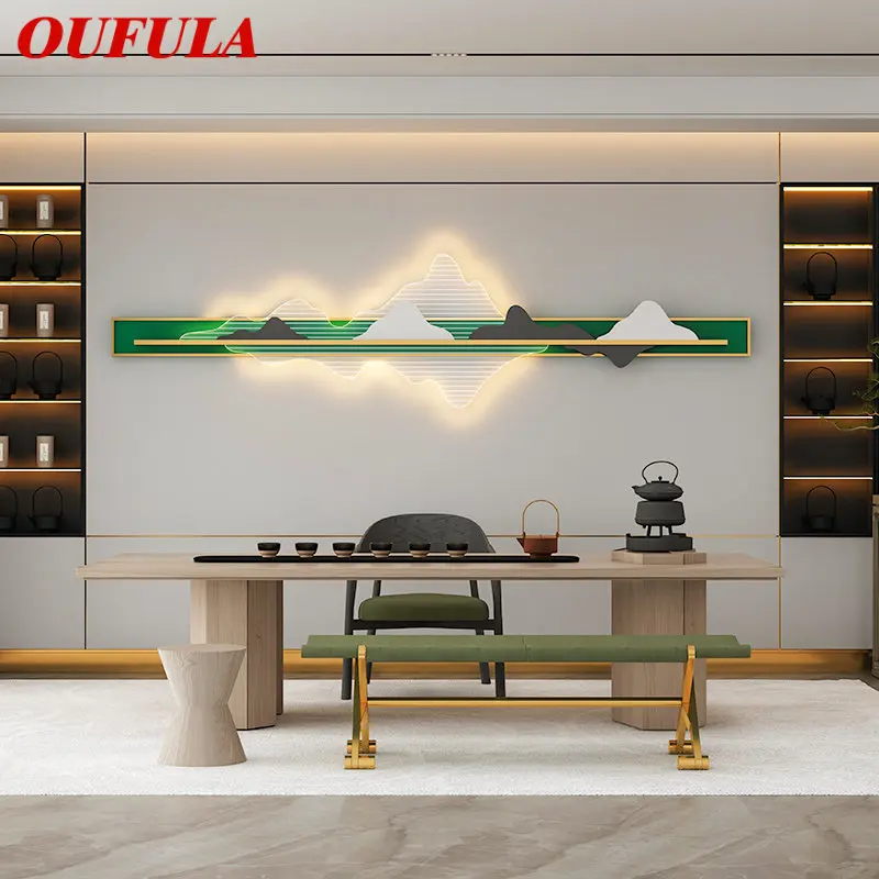 

OUFULA Modern Green Wall Picture Lights Creative Rectangular Hill Landscape LED Decor Sconce for Living Room Bedroom