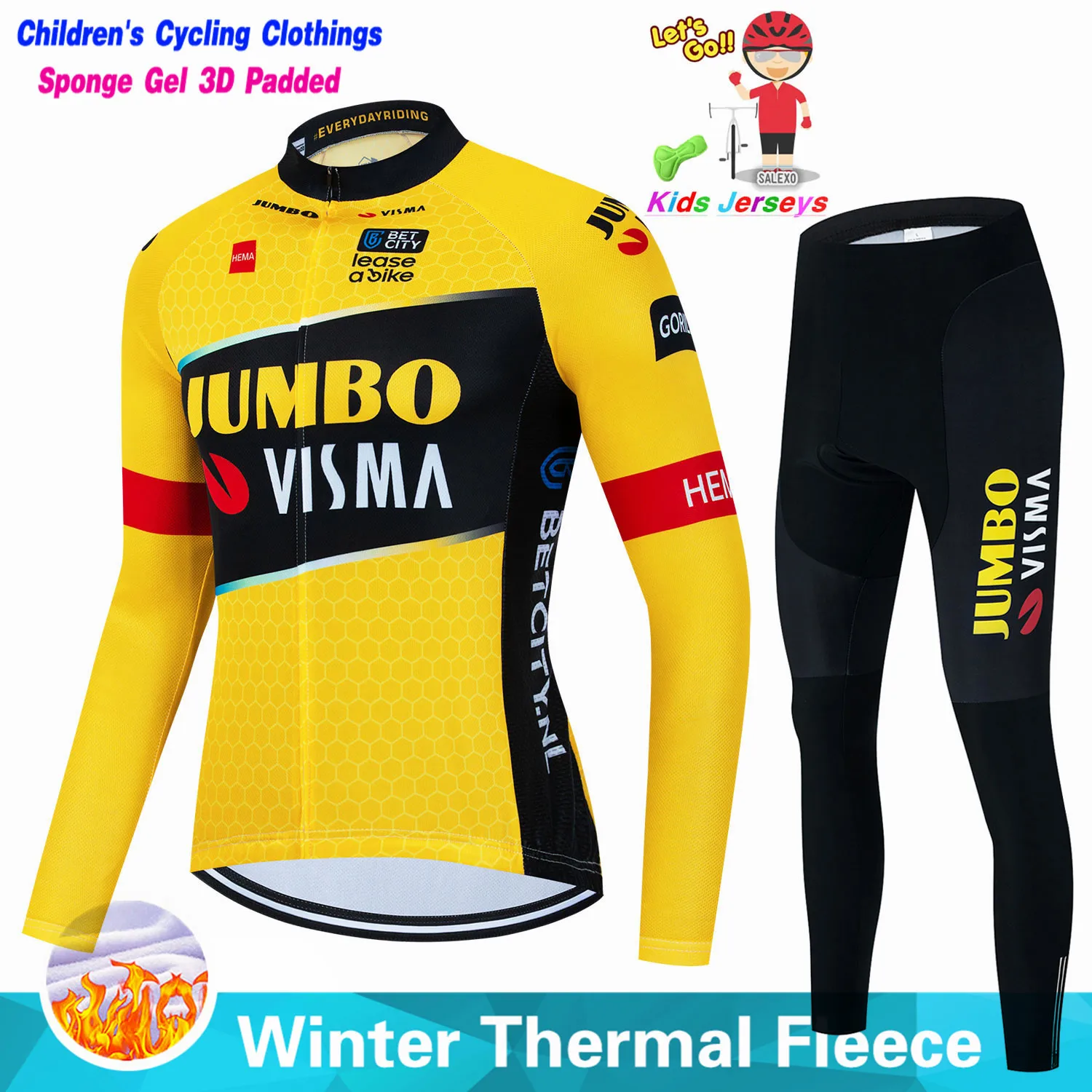 

Комплект одежды для велоспорта Jumbo Visma детский, теплый флисовый Трикотажный костюм с длинным рукавом, одежда для мальчиков, длинные штаны, зимний