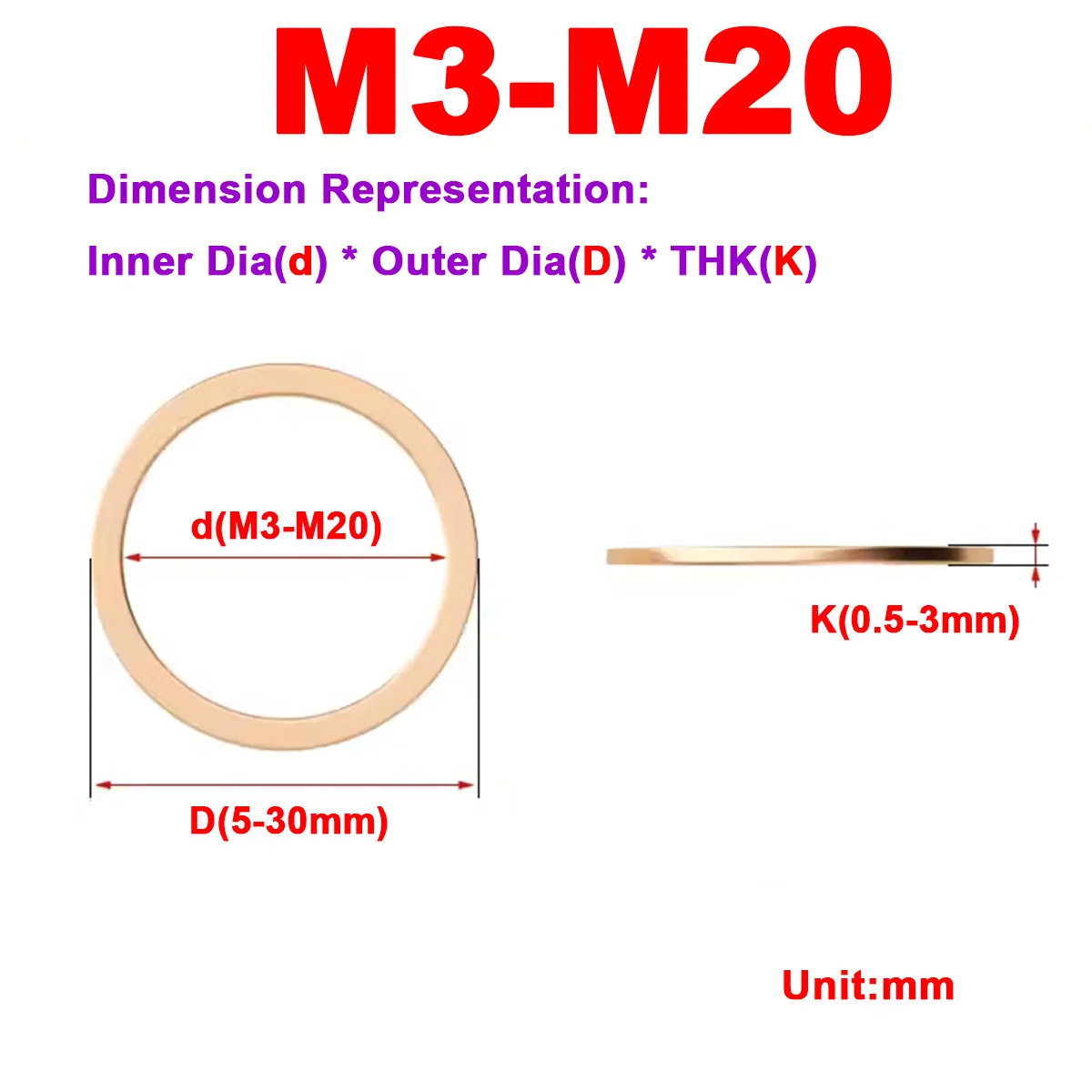 

Annealed Red Copper Gasket With a Thickness Of 0.5mm1mm2mm Special Flat Gasket For Pressure Gauges M3M4M5M6M8-M17