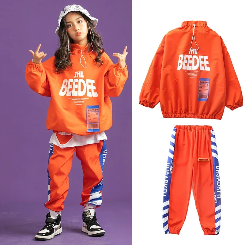 

Street Dance Wear Outfits Rave Clothes Children Hip Hop Dance Costumes For Kids Orange Jacket Hiphop Suit Girls Jazz