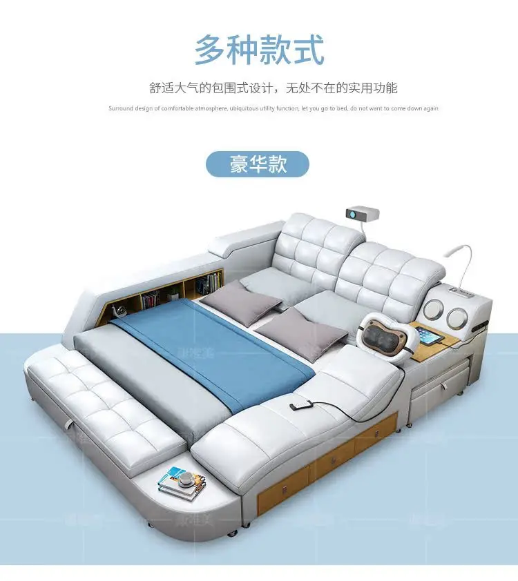 European King Double Bed Wood Queen Headrest Multifunctional Double Bed Twin Smart Luzko Wielofunkcyjne Furniture For Bedroom