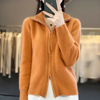 Women's 100% Merino Wool Knitting Sweater Turndown Collar Cardigan Autumn/Winter Thick Tops Cashmere Double Zipper Soft Jacket 1