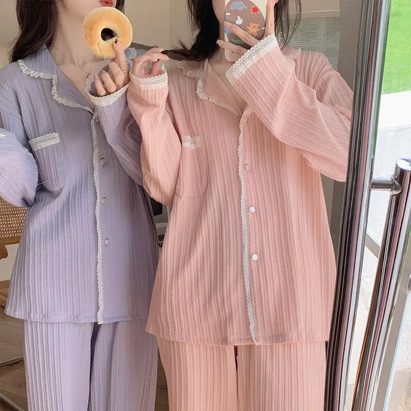 2024 Spring Autumn New Pajamas Women Simple Casual Cardigan Lapel Homewear Suit Female Pure Cotton Long-Sleeved Sleepwear Sets