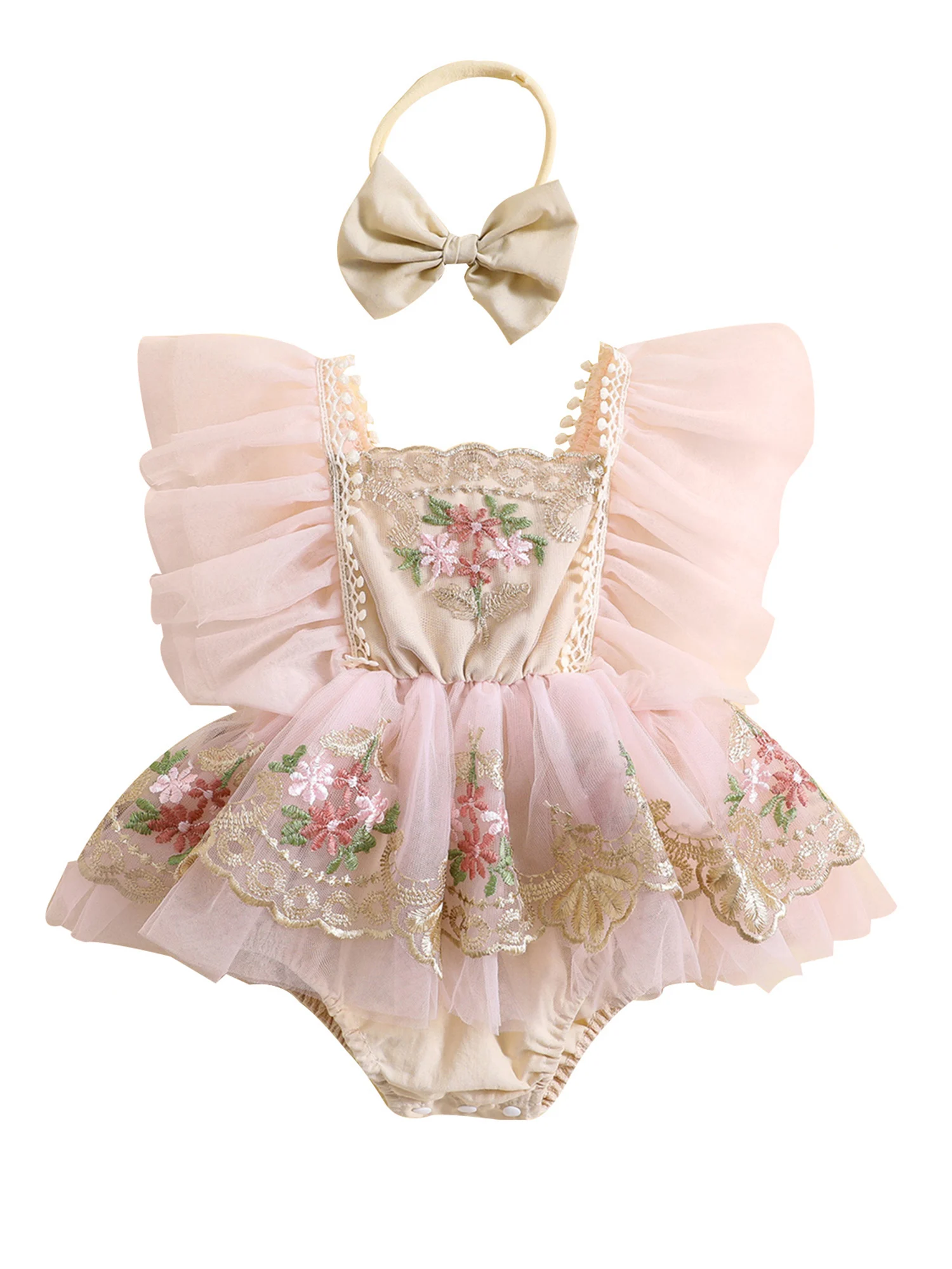 

Boho Newborn Photography Outfit Floral Embroidery Lace Romper Dress with Ruffle and Tutu Bodysuit for Infant Baby Girl