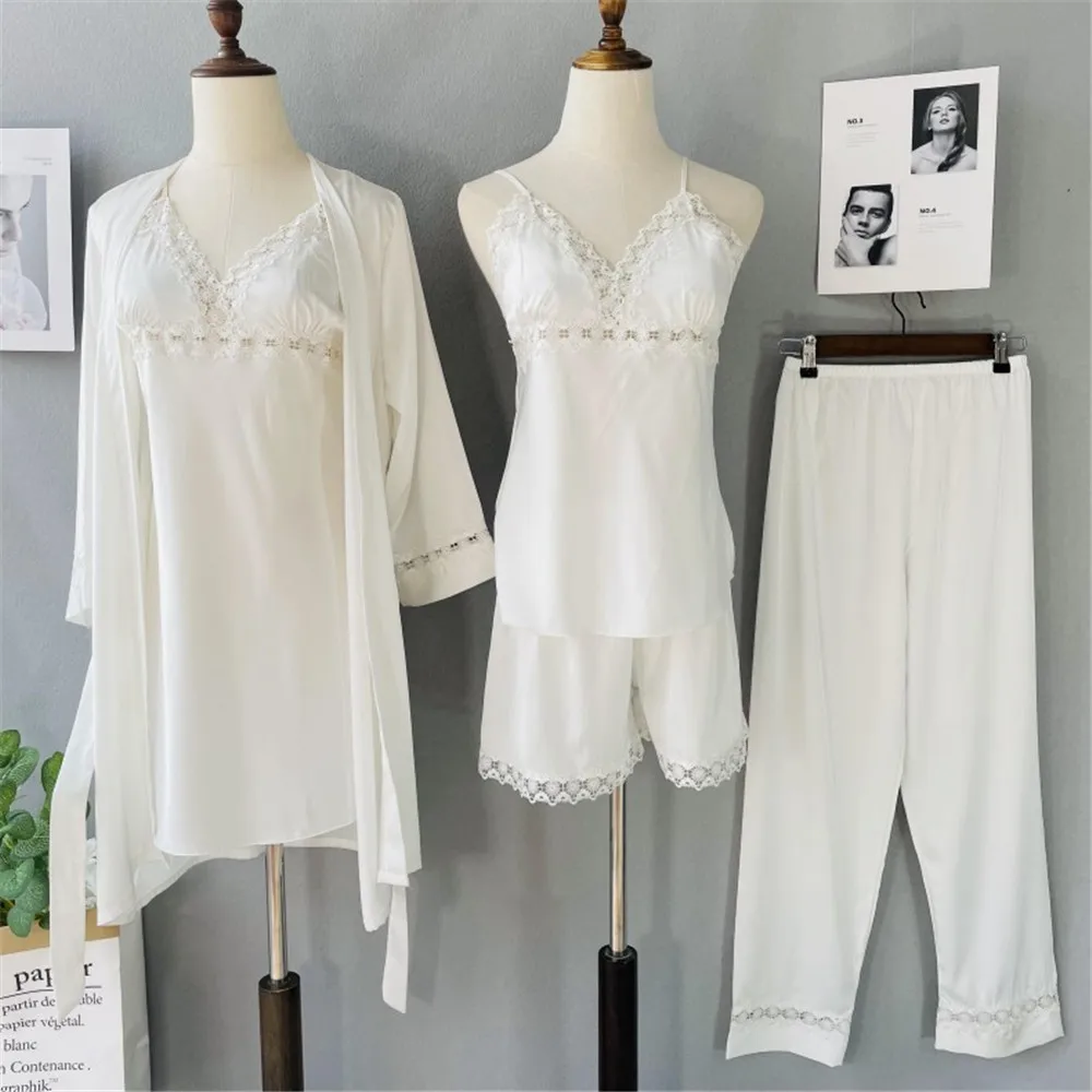 Summer Women Sexy Lace Trim Applique Pajamas 5/2/2/1 Pcs Satin Sleepwear Silk Homewear Clothing Female Pyjama With Chest Pads