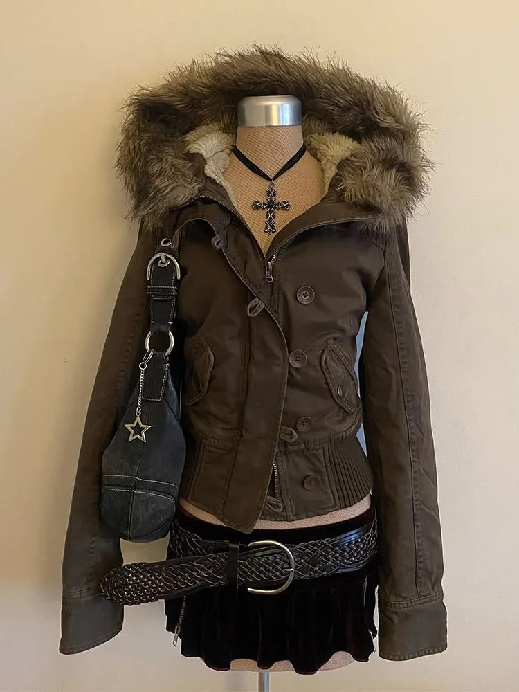 Faionable Vintage Brown Fce Lined Jaet Women's Slimming Outerwear f Sp Girl Original Design Hat Attached Zipper ...