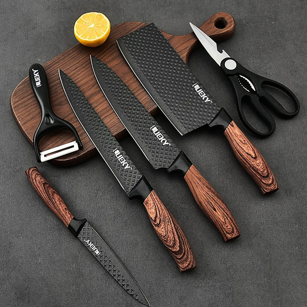 

6PCS Kitchen Knives Sets Stainless Steel Chef Knife Scissors Peeler Slicer Paring Fruit Vegetables Meat Cleaver Utility Knife