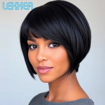 Lekker Short Pixie Straight Bob Right Side Part Lace 100% Human Hair Wigs For Women Glueless Brazilian Remy Hair Natural Wigs
