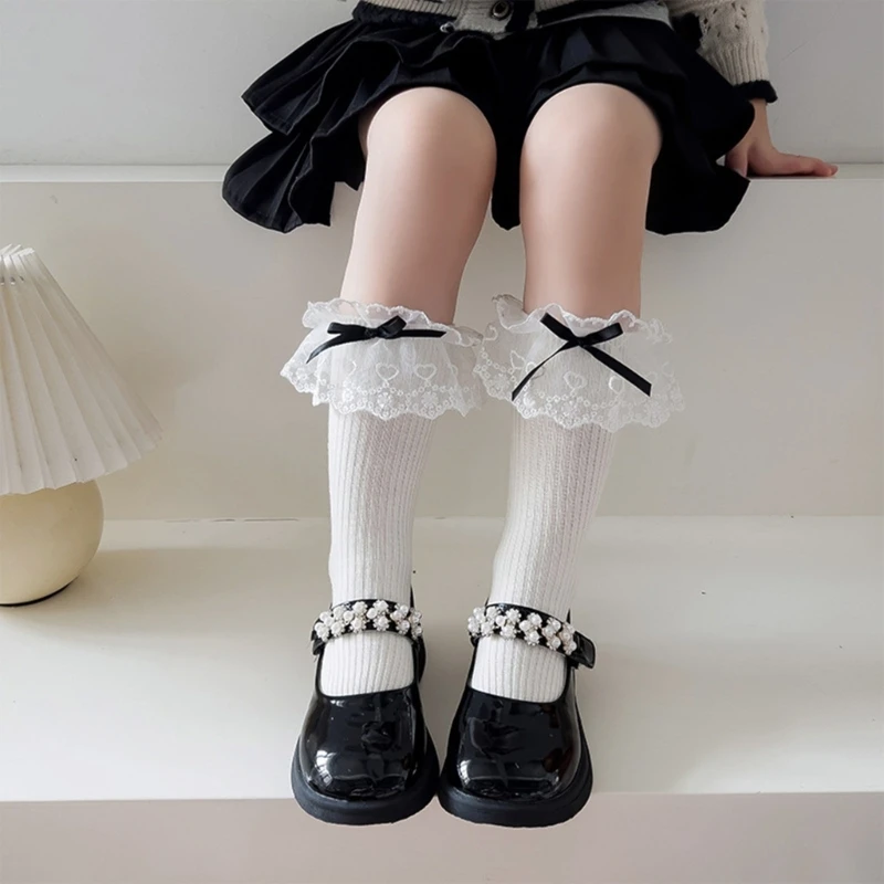

1 Pair Lace Bowknot Middle Calf Socks Kids In Tube Socks with Decorative Bows Solid for Everyday Wear School Parties