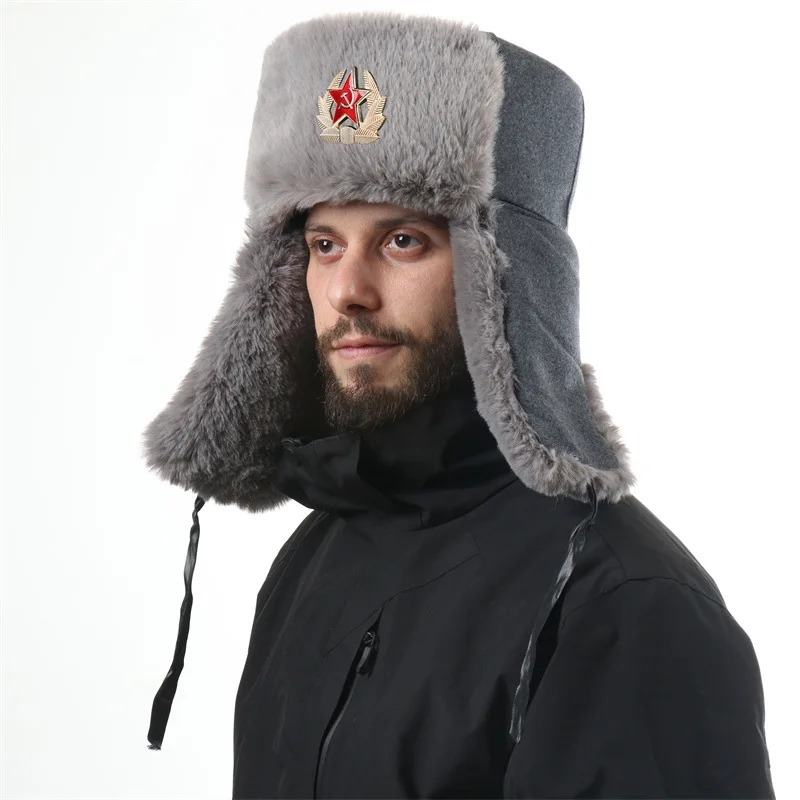 

Soviet Badge Woolen Bomber Hats Men Women Outdoor Cold Protection Thickened Warm Cotton Winter Large Size Ear Protection Hat