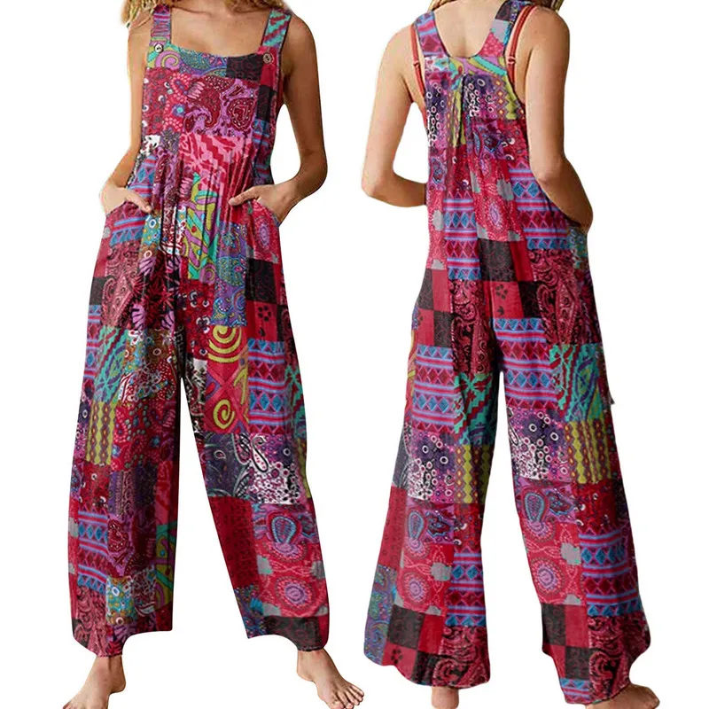 Women Summer Overalls, Multicolor Ethnic Style Square Neck Sleeveless