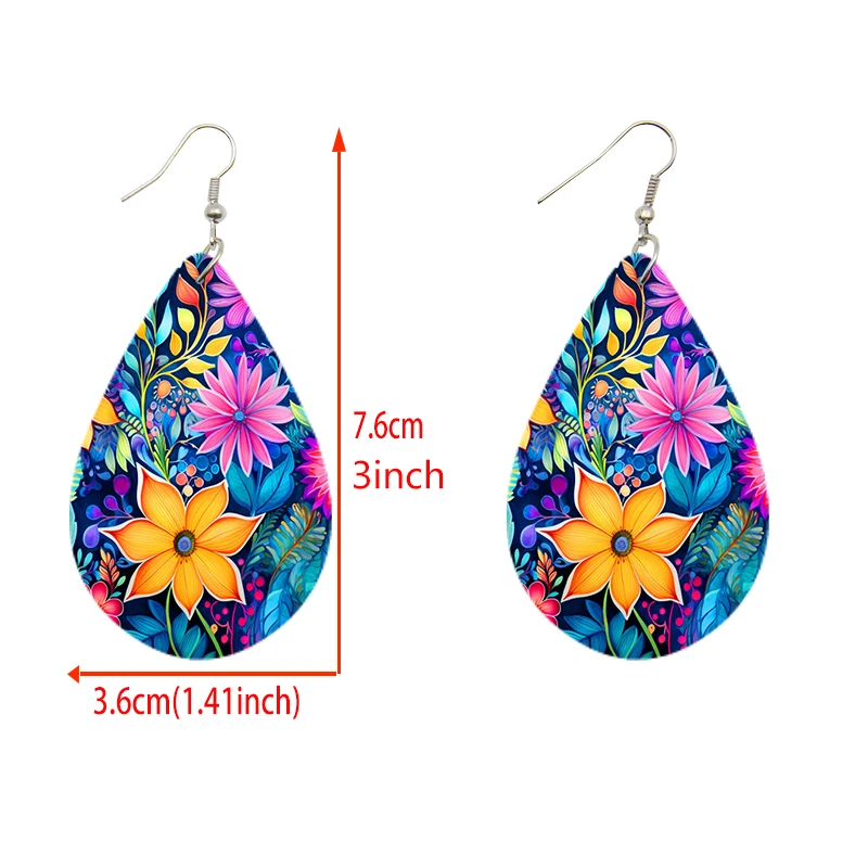 SOMESOOR Vintage Colorful Daffodils Printed Teardrop Wooden Earrings Bohemian Floral Wood Dangle Jewelry For Kids Female Gifts