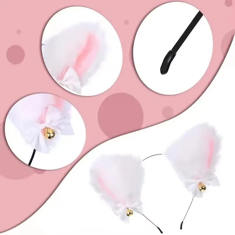 Pretty Plush Cat Ear Headband Fashionable Cosplay Bow Bell Cat Ear Headband Lace Bell Necklace Set Women Party Costume Headwear