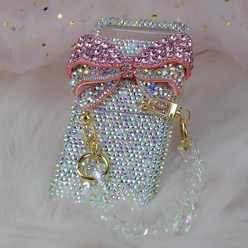 Per Samsung Galaxy Z Flip 3 4 5 5G Flip4 Cute Lady Diamond Crystal Bow Custodia Per Telefono Con Cinturino Da Polso