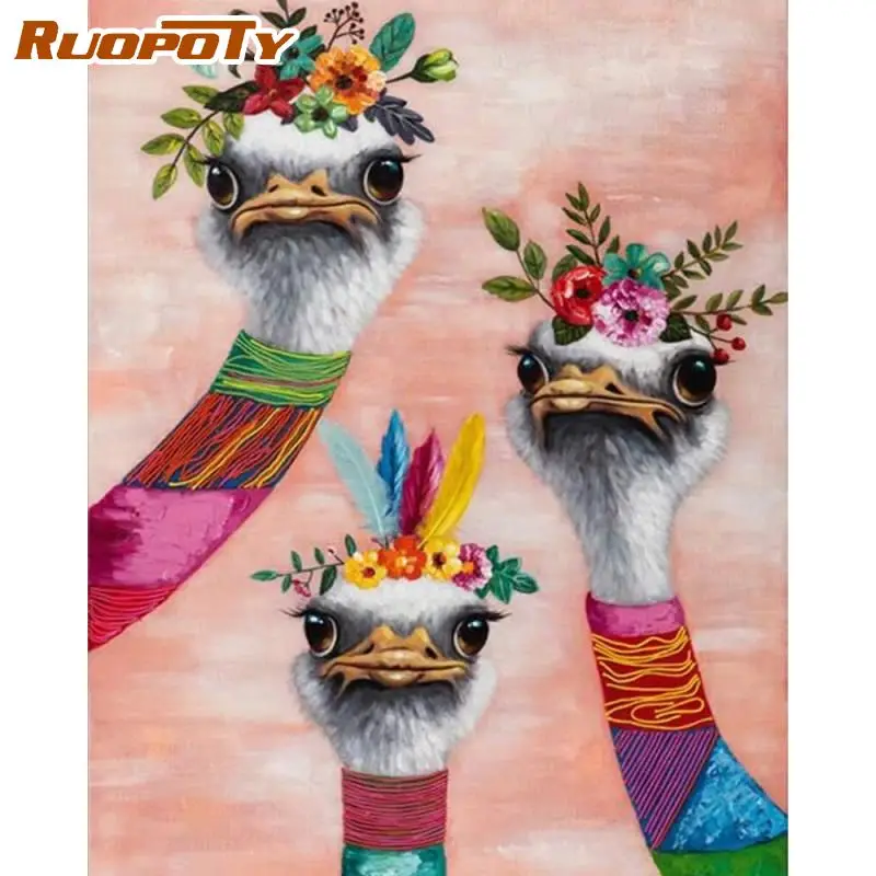 

RUOPOTY Painting By Numbers Handmade Kits Flower Ostrich Drawing On Numbers For Adults For Kids Kill Time Diy Gift Animal