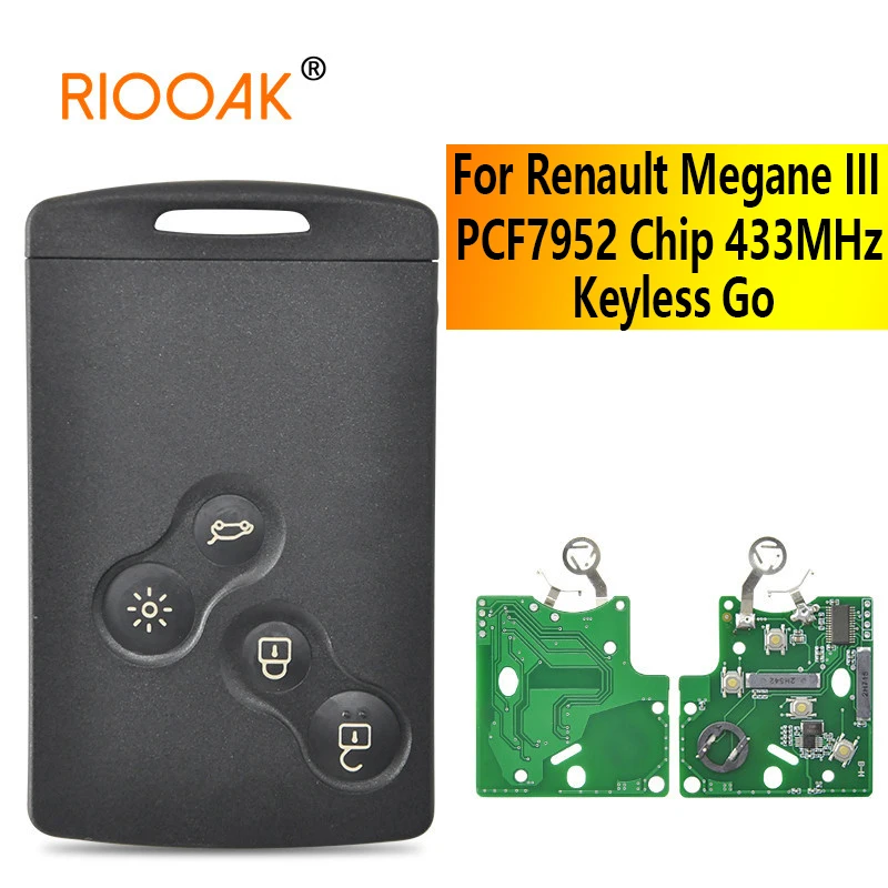 RIOOAK For Renault Laguna Megane III Fluence Grand Scenic PCF7952 Chip 433MHz 4 Button Keyless Go Smart Car Remote Key