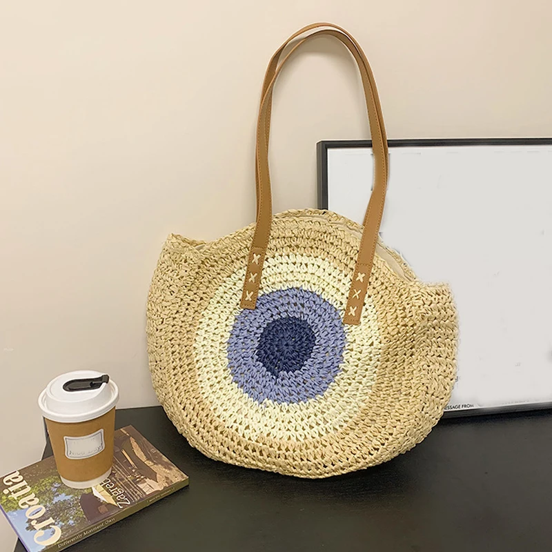 Straw Bag Women Hand-Woven Handbag Round Shape Rattan Bag Big Capacity Casual Beach Shoulder Crossbody Bag