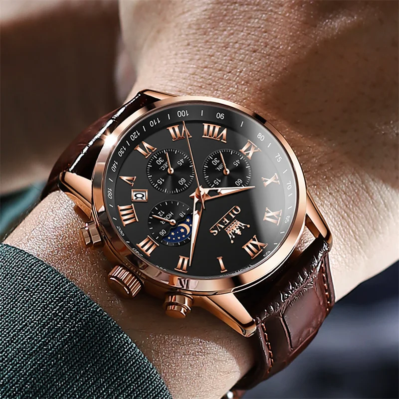 

OLEVS Rose Gold Black Mens Watches Top Brand Luxury Fashion Quartz Watch Men Sport Moon Phase Waterproof Clock Reloj Hombre