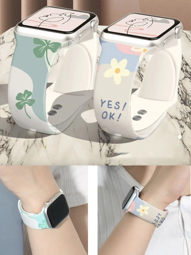 New Fashion Strap For Apple Watch Band 44mm 40mm 38mm 42 mm Printing Silicone Bracelet iWatch 7 6 SE 5 4 3 Accessories 41mm 45mm