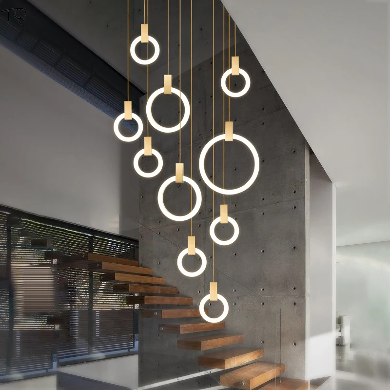 

Nordic Luxury Fashion Gold Ring Pendant Lights Spiral Stair Duplex Staircase Living Room Modern Simple Kitchen Lighting Fixture