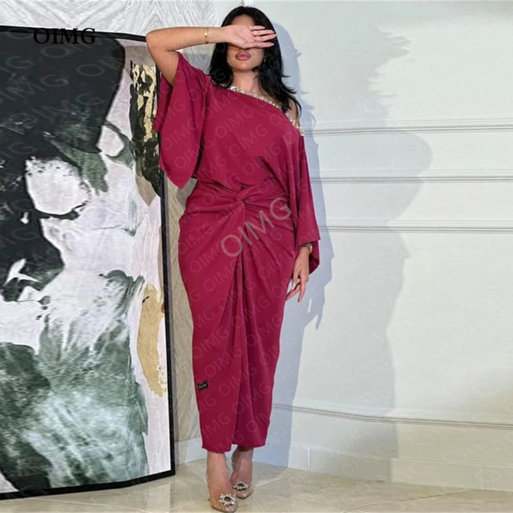 

OIMG Simple Long Sleeves Sequins Arabic Party Dresses Evening Gowns Dubai Tea Length Night Club Dress Vestidos Robe de soiree