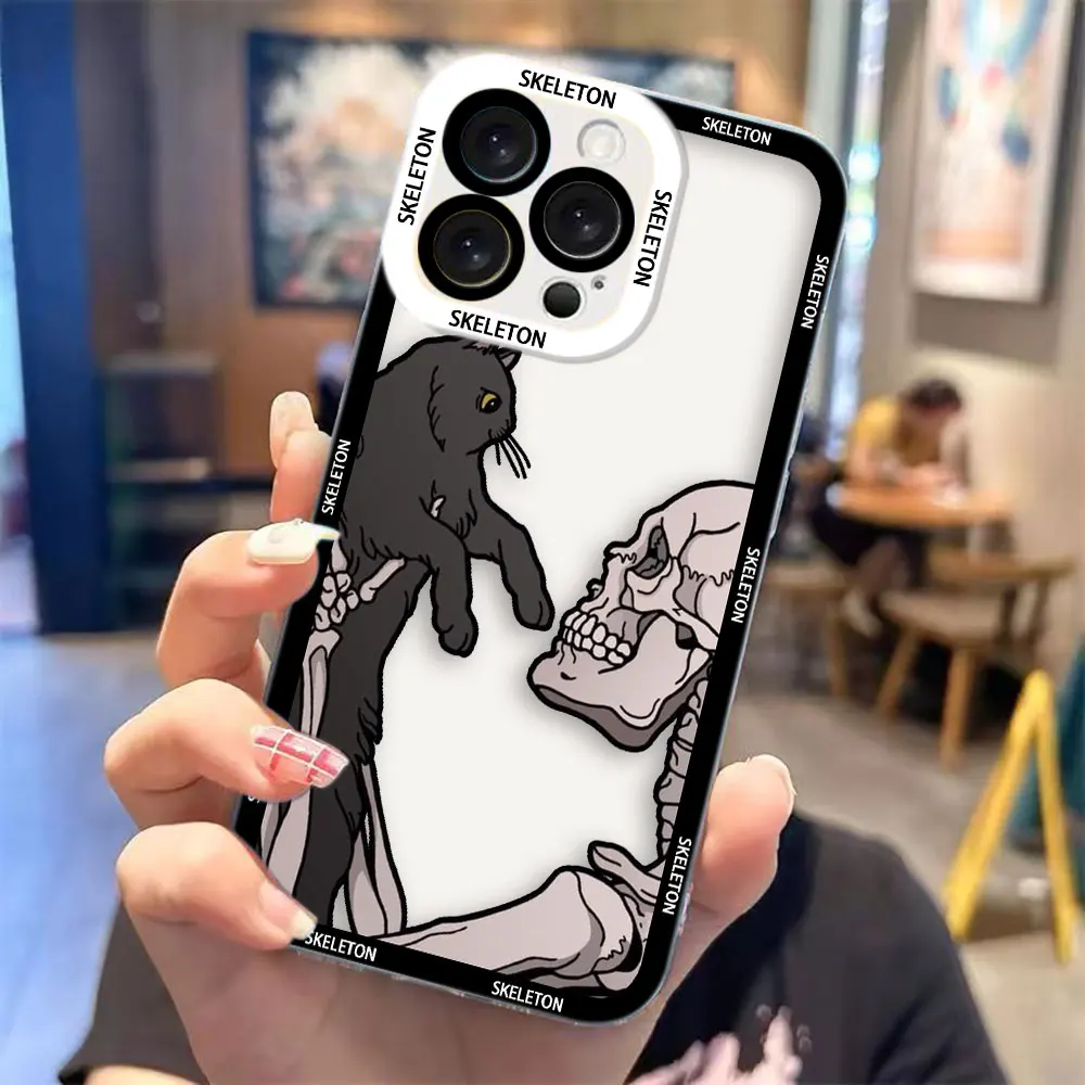 Transparent Phone Case with Terrified Skull-Headed Cat Design