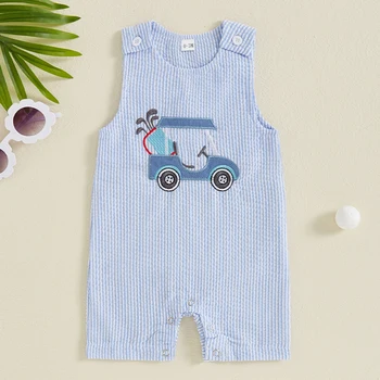 Sleeveless Striped Romper with Golf Cart Embroidery 1