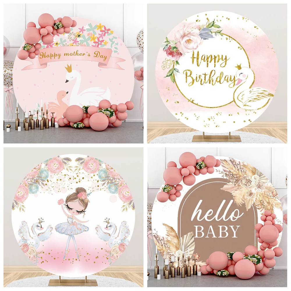 Princess Happy Birthday Round Background Circle Background Swan Lake Girl Child Baby Shower Party Decor Pink Elasticity Background
